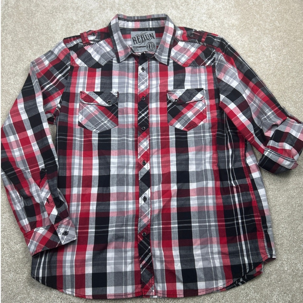 Rerun Plaid Button-Down XXL Western Roll-Tab Sleeve Western Rockabilly Grunge
